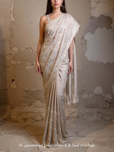 Beige Embroidered Silk Saree