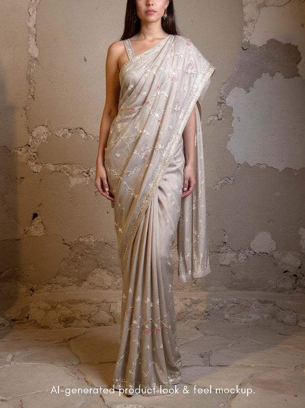 Beige Embroidered Silk Saree