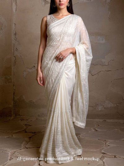 Off White Embroidered Organza Saree