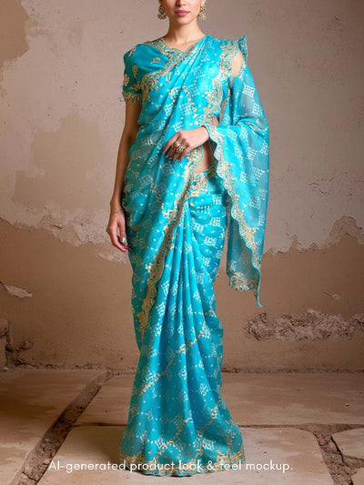 Baby Blue Bandhani Printed Organza Saree