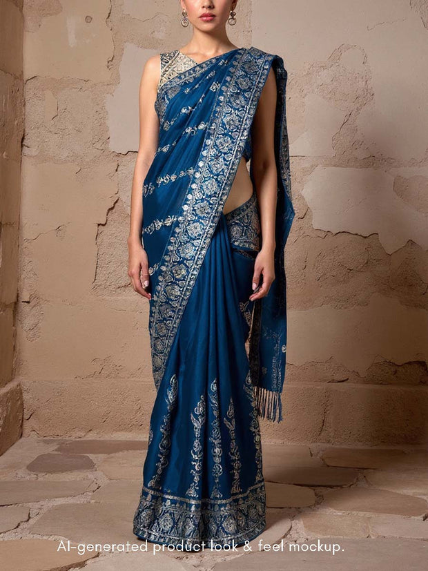 TeaL Blue Embroidered Organza Saree
