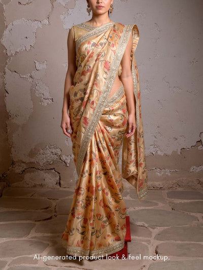 Light Peach Floral Printed Organza Saree