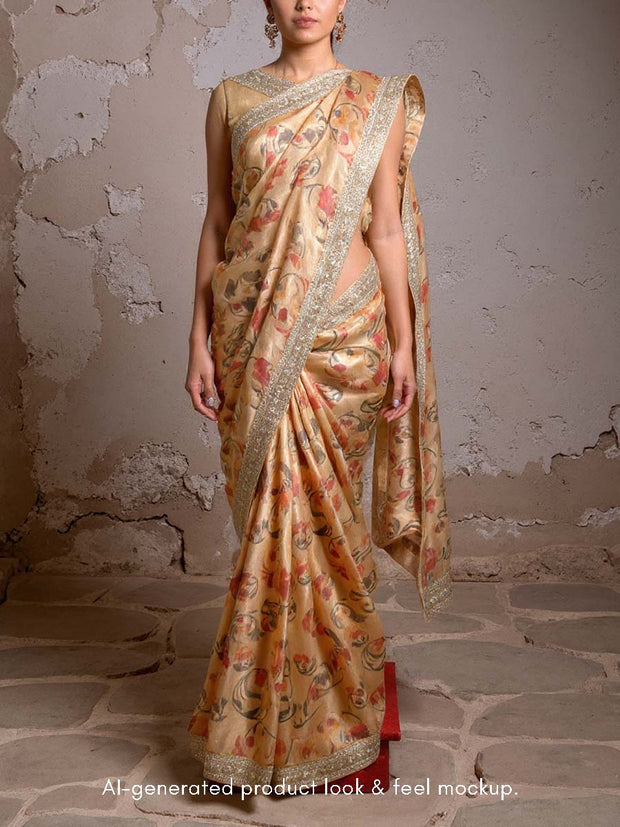 Light Peach Floral Printed Organza Saree