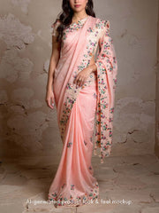 Peach Embroidered Organza Saree