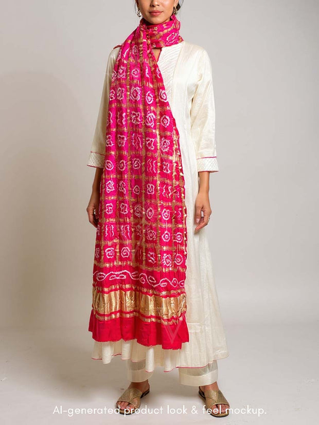 Red and  Pink Bandhani Zari Dupatta