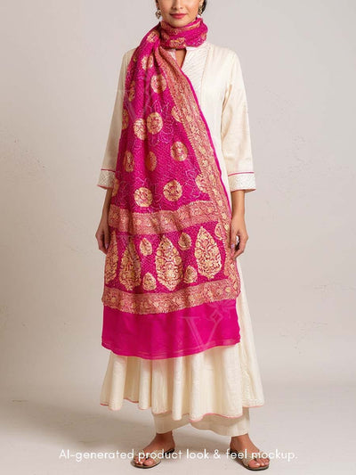 Pink  Bandhani Zari Dupatta