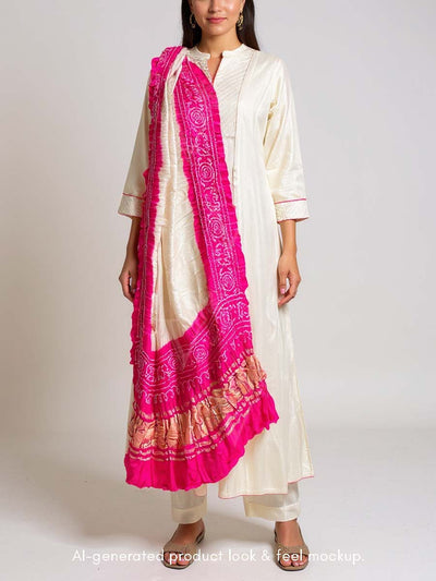 White and Pink Bandhani Zari Dupatta