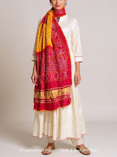 Red and Orange Shaded Bandhani Zari Dupatta
