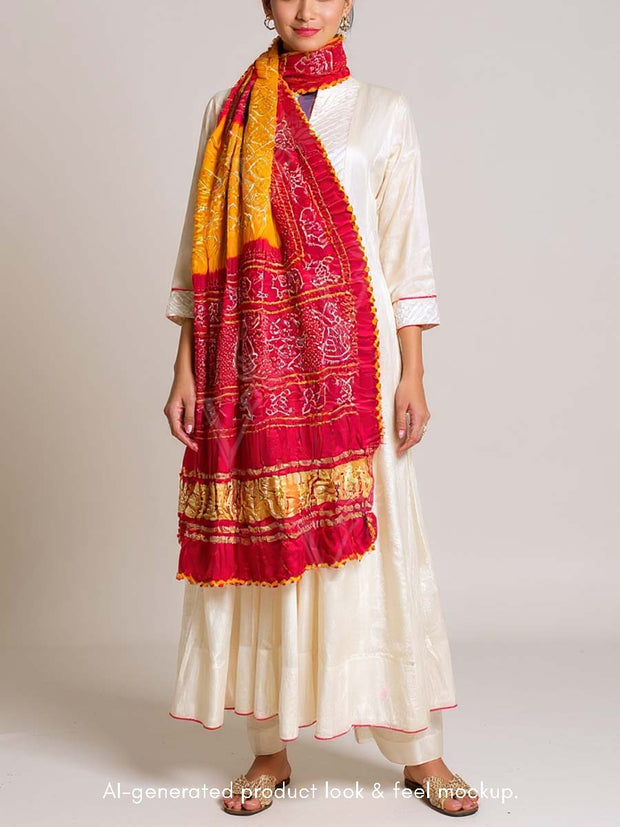 Red and Orange Shaded Bandhani Zari Dupatta
