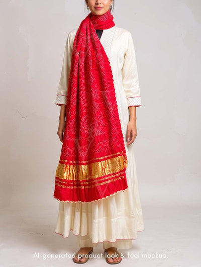 Red and Orange Shaded Bandhani Zari Dupatta