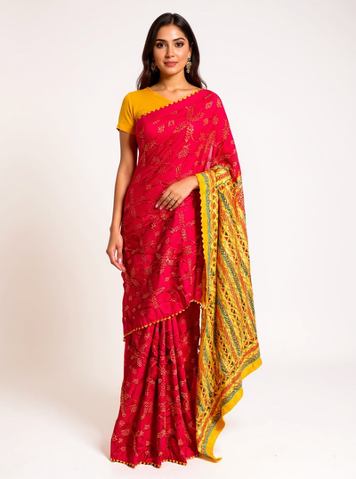 Red Bandhani Saree with Katha Work – Gajji Silk, Handmade Tie & Dye (Handloom)