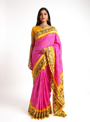 Pink Bandhani Saree with Kantha Work – Gajji Silk, Handmade Tie & Dye (Handloom)