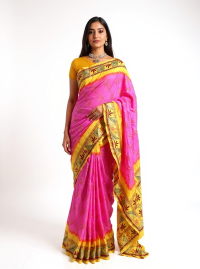 Pink Bandhani Saree with Kantha Work – Gajji Silk, Handmade Tie & Dye (Handloom)