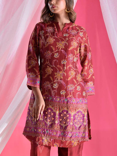Maroon Vasansi Silk  Printed Embroidered Co Ord Set