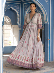 Grey Wrinkle Crepe V Neck Gown