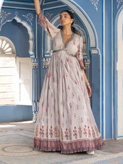 Grey Wrinkle Crepe V Neck Gown