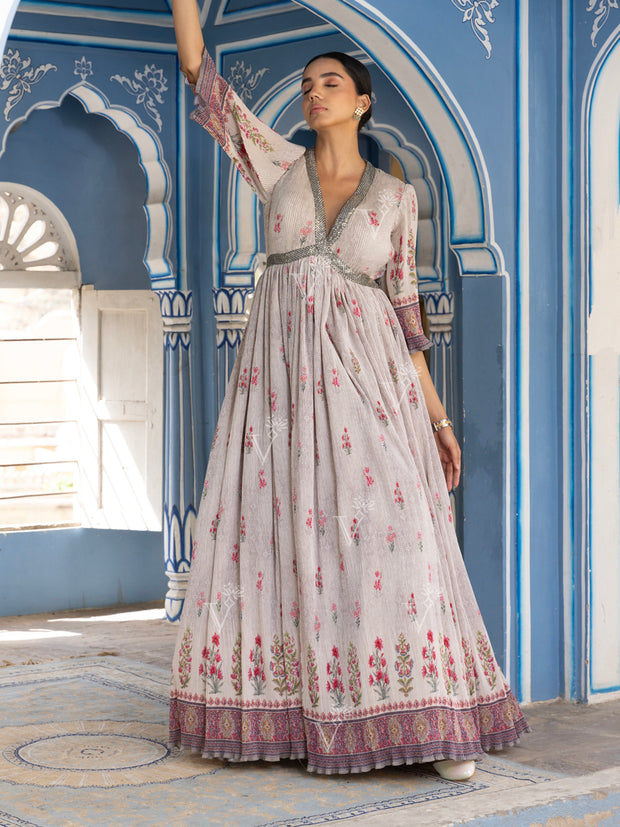 Grey Wrinkle Crepe V Neck Gown