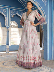 Grey Wrinkle Crepe V Neck Gown