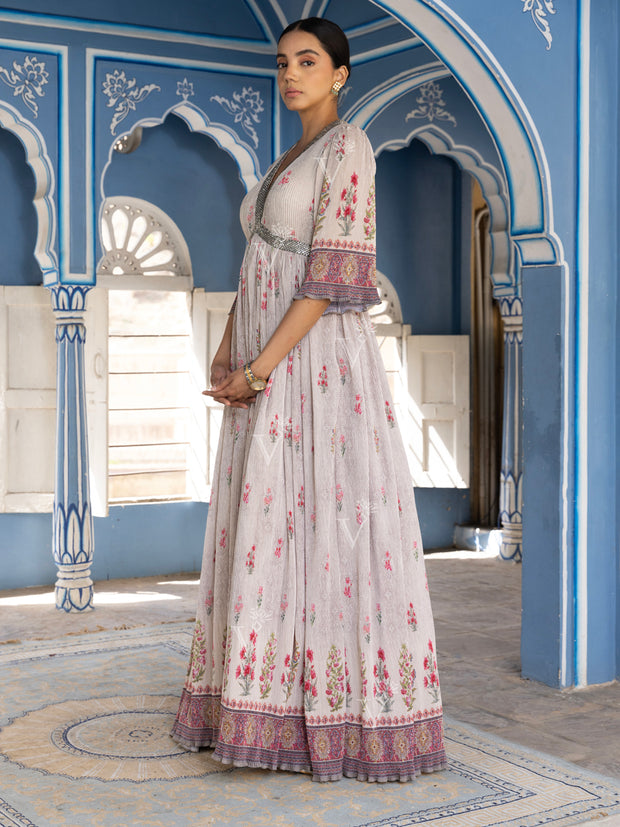 Grey Wrinkle Crepe V Neck Gown