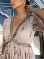 Grey Wrinkle Crepe V Neck Gown