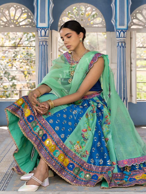 Sea Green and Blue Vasansi Silk Short Lehenga