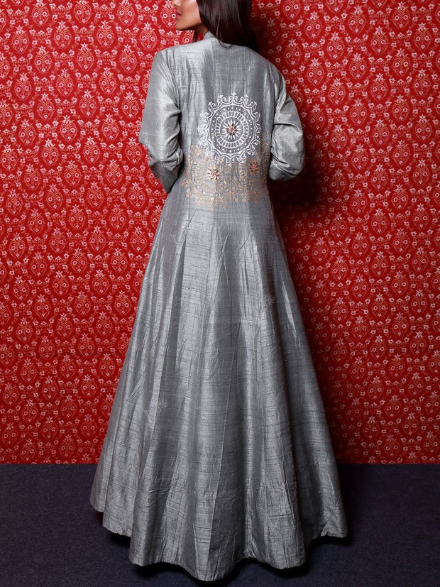 Silver Grey Raw Silk Embroidered Anarkali Gown