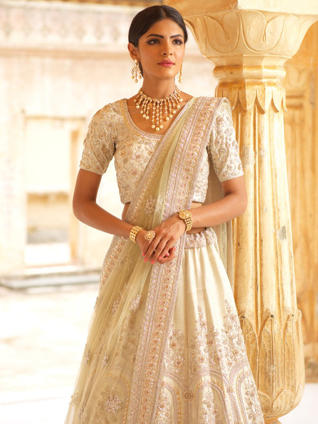 Off White Raw Silk Bridal Lehenga