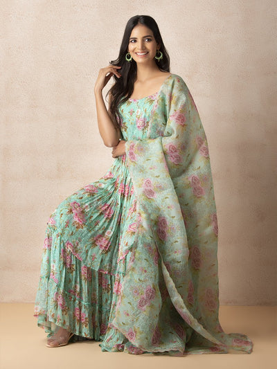 Green Floral Printed Kurta and Sharara Set -Mogra Look 2
