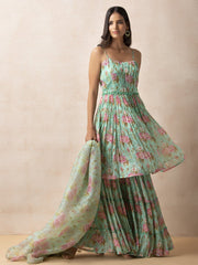 Green Floral Printed Kurta and Sharara Set -Mogra Look 2