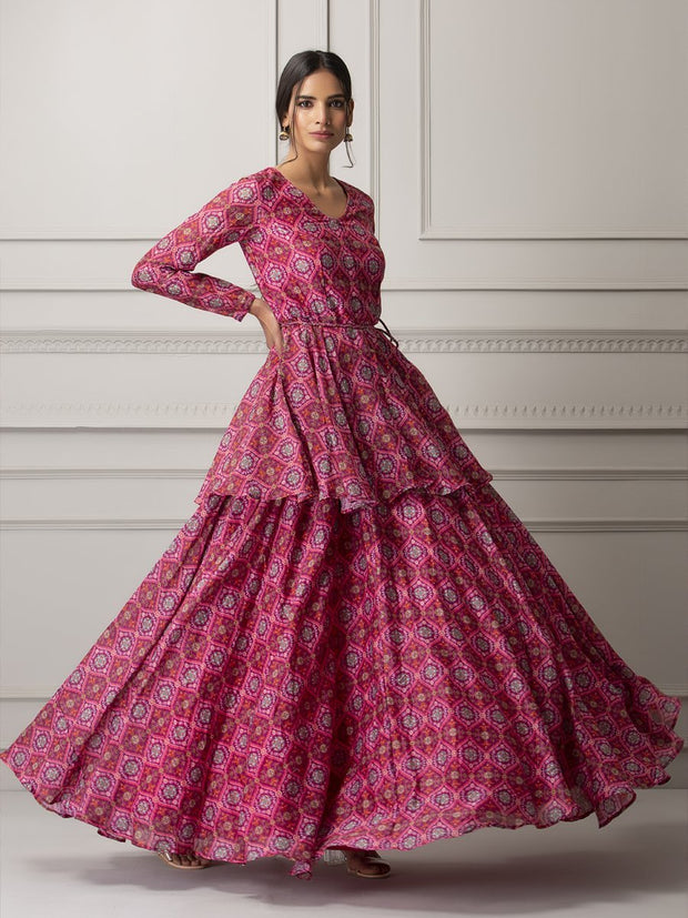 Pink Floral Printed Peplum and Skirt Set -Mogra Look 23