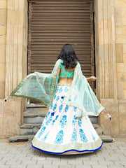 Off White And Indigo Hand-Block Lehenga Set