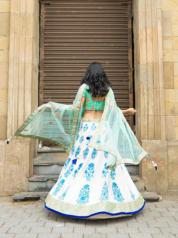 Off White And Indigo Hand-Block Lehenga Set