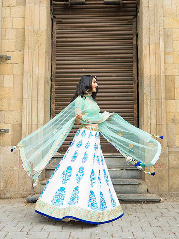 Off White And Indigo Hand-Block Lehenga Set