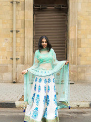 Off White And Indigo Hand-Block Lehenga Set