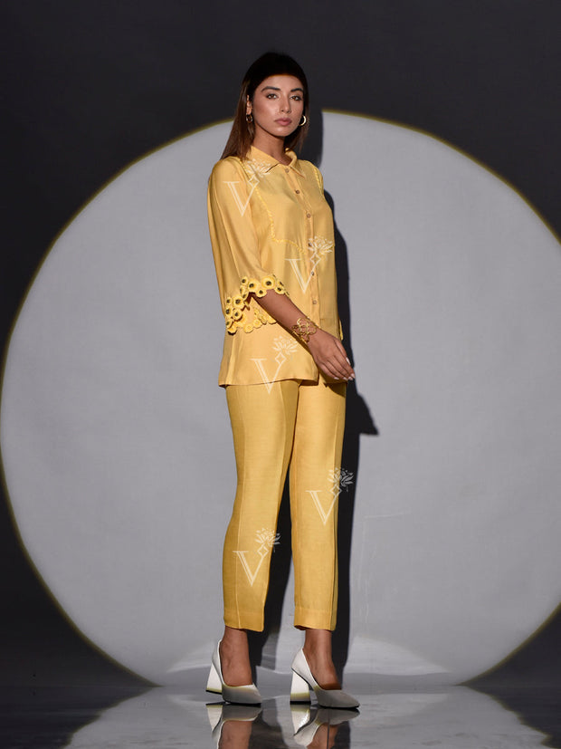 Yellow Linen Embroidered Co Ord Set