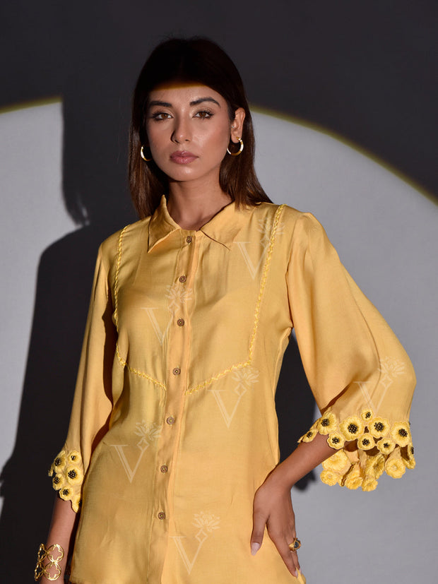 Yellow Linen Embroidered Co Ord Set