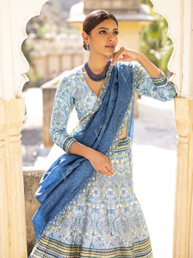 Cobalt Blue Handcrafted Silk Lehenga Set