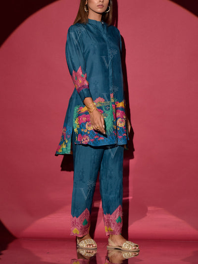 Yale Blue Vasansi Silk Printed Co Ord Set
