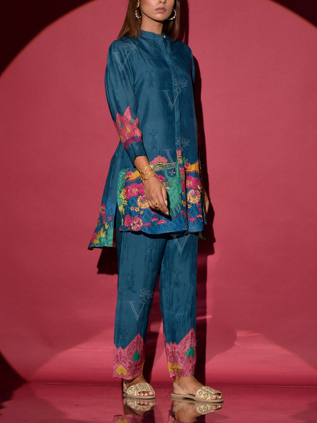 Yale Blue Vasansi Silk Printed Co Ord Set