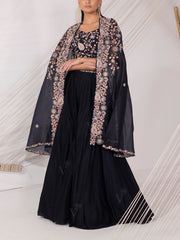 Navy Blue Organza Cape Palazzo Set