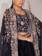 Navy Blue Organza Cape Palazzo Set