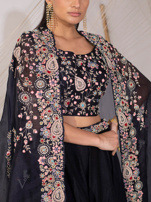 Navy Blue Organza Cape Palazzo Set