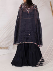 Navy Blue Organza Cape Palazzo Set