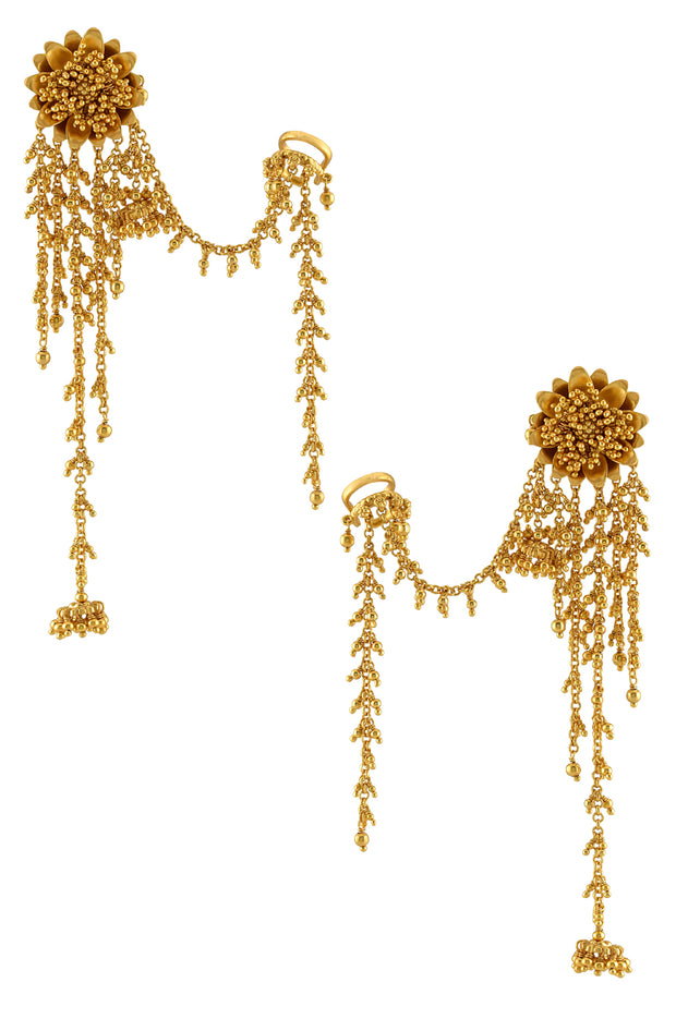 SILVER FLORAL CHAIN DROP EARRINGS WITH EAR CUFFS