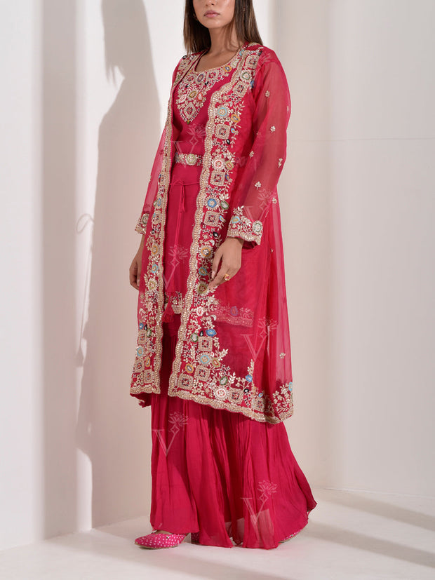 Rani Pink Embroidered Jacket and Sharara Set