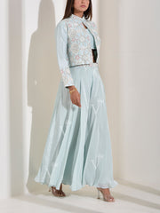Powder Blue Silk top with Palazzo and Embroidered Jacket Set