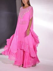 Pink Leheriya Georgette Cape and Sharara Set