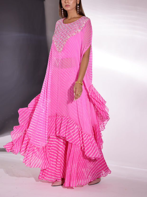 Pink Leheriya Georgette Cape and Sharara Set