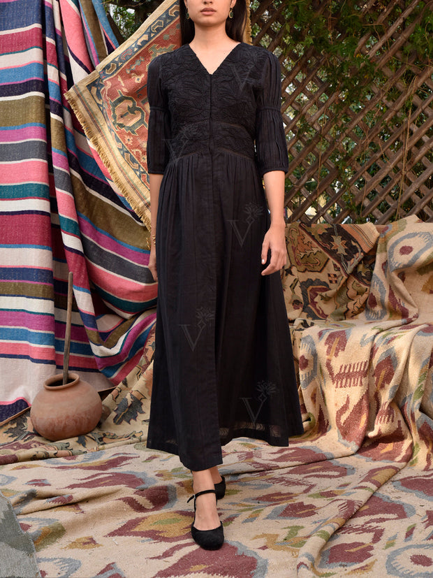 Black Cotton Dobby Dress
