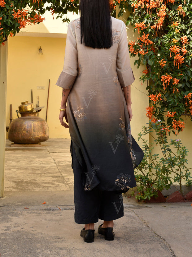 Black and Off-White Vasansi Silk Printed Co Ord Set